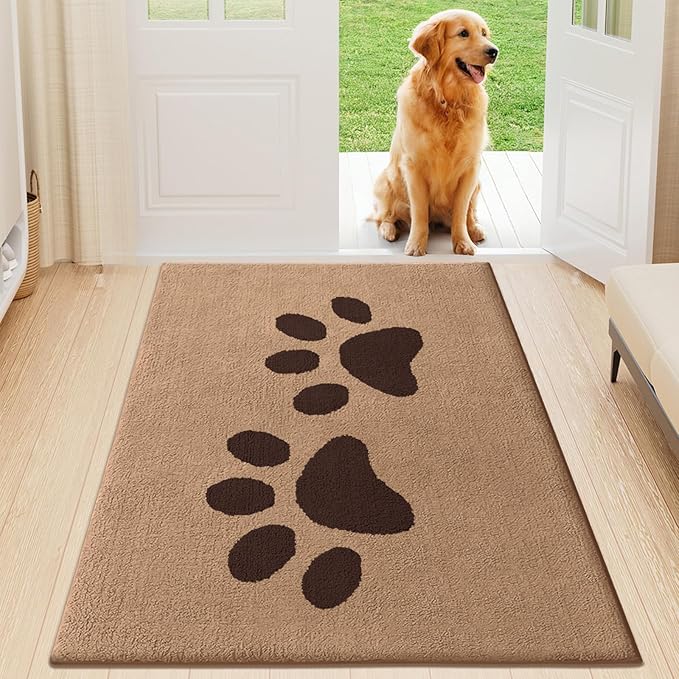 Buganda Dog Door Mat for Muddy Paws, Absorbent Dirt Trapper Washable Indoor Doormats, Non Slip Low-Profile Mud Mat for Dogs, Front Entrance Doormat for Inside Floor (47x24 Inches, Beige)