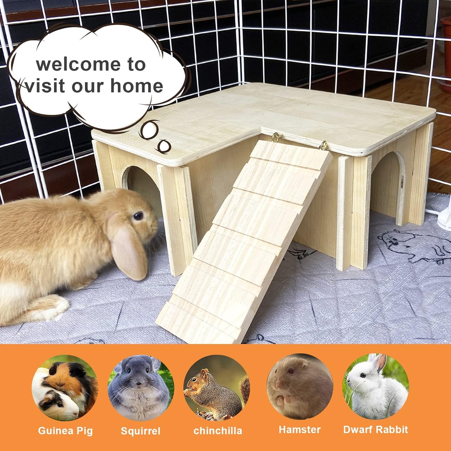 Guinea Pig Hideout and House: Multi Chamber Wooden Guinea Pig Castle with Ladder, Cage Accessories for Chinchilla Dwarf Rabbits Hamster Bunny and Others
