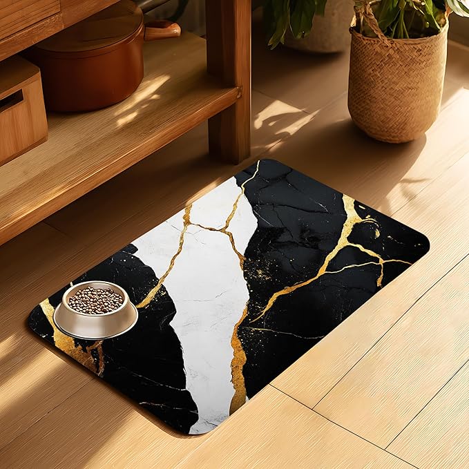 Black Gold Marble Dog Cat Food Mat-Absorbent Placemat for Food and Water Bowl, Waterproof Non Slip Rubber Backing Dog Food Mats for Floors, Pet Supplies 12 * 20 inch