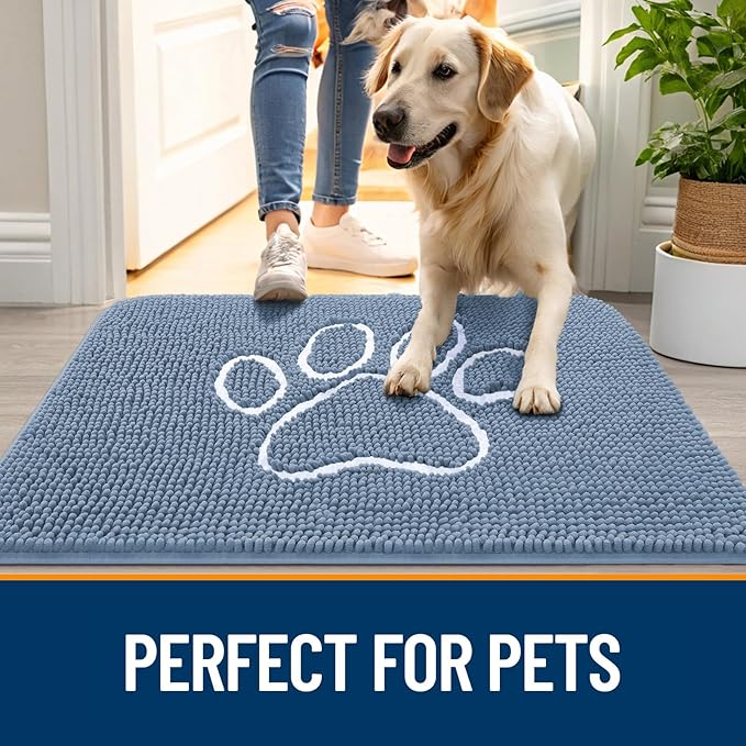 OLANLY Door Mat for Muddy Dog Paws 30x20, Absorbent Chenille Doormat with Paw Print Design, Non-Slip Washable Doormat for Indoor Entryway, Quick-Dry Pet Bed Mats for Dirty Dogs, Airy Blue and White
