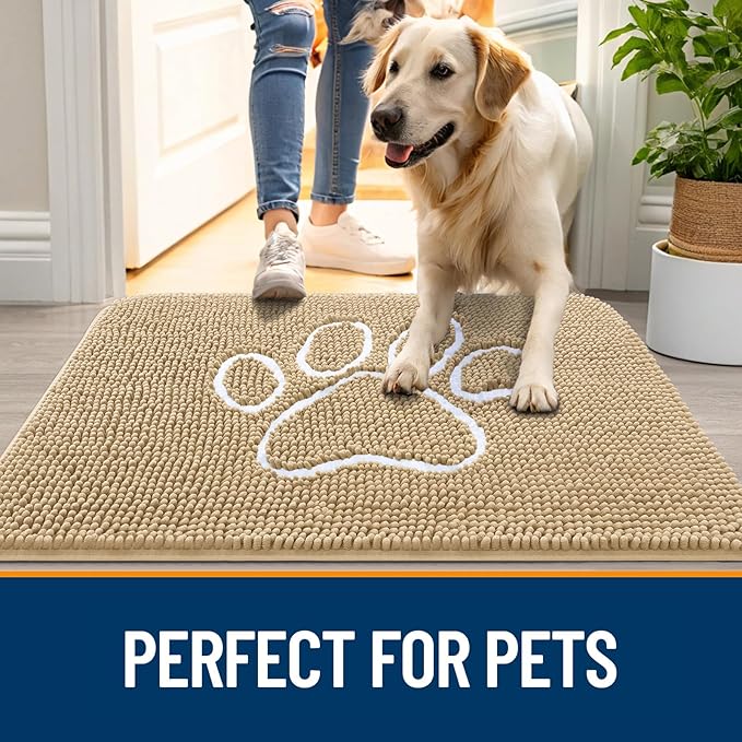 OLANLY Door Mat for Muddy Dog Paws 36x24, Ultra Absorbent Chenille Mud Doormat with Paw Print Design, Non-Slip Washable Doormat for Indoor Entryway, Quick-Dry Pet Bed Mats for Dirty Dogs, Beige