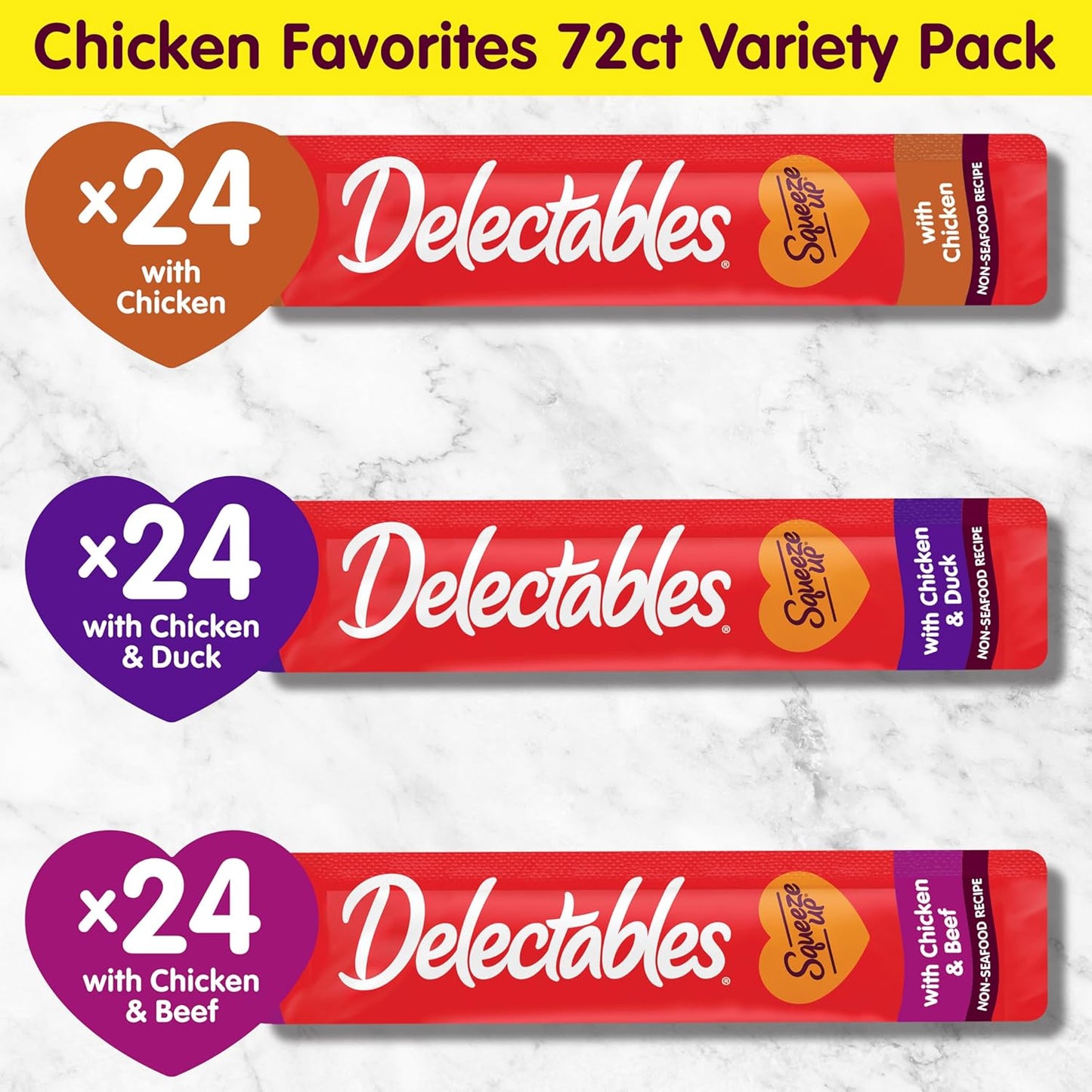 Delectables Squeeze Up Non-Seafood Variety Pack, Creamy Squeezable Puree, Lickable Wet Cat Treats, Grain Free, No Added Fillers, No By-Products, No Added Preservatives, 0.5 Ounces Tube, 72 Tubes Total