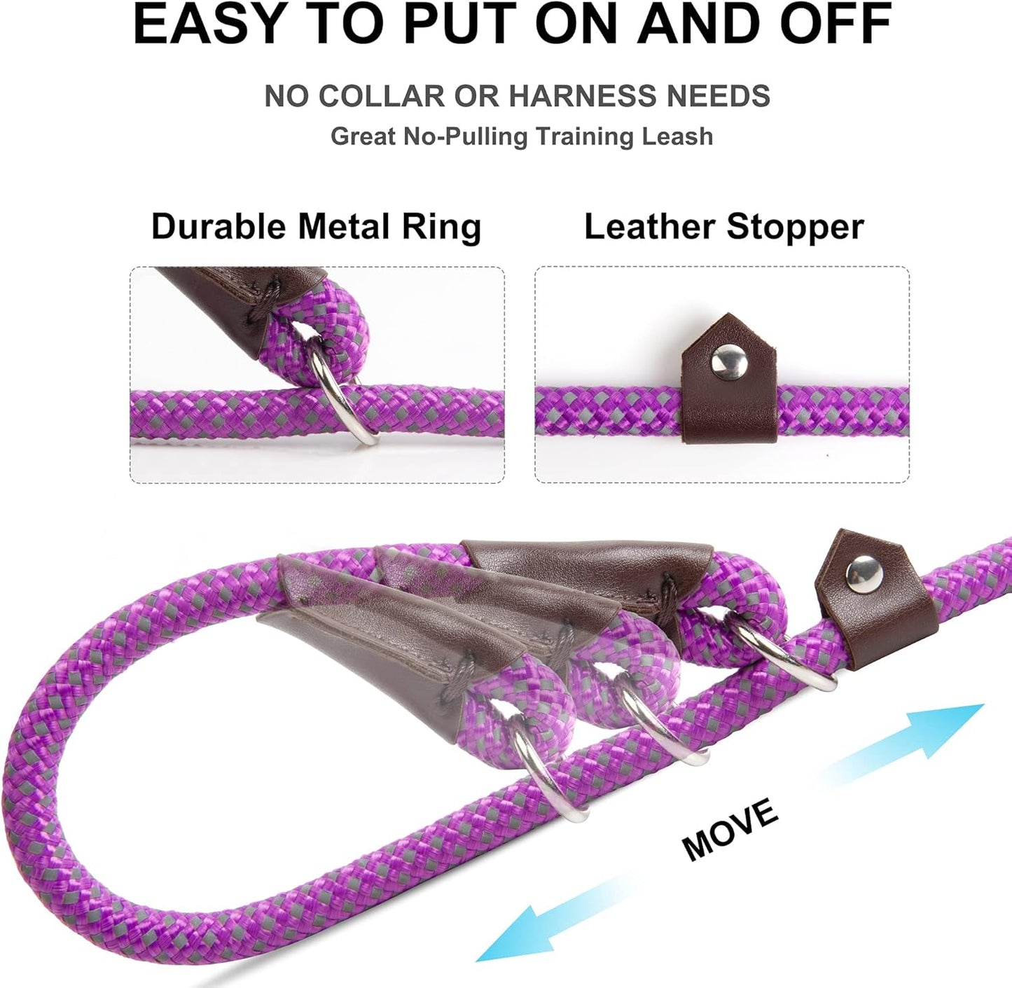 Fida Durable Slip Lead Dog Leash, 6 FT x 3/8" Heavy Duty Comfortable Strong Rope Slip Lead for Small Dogs and Puppies, No Pull Pet Training Leash with Highly Reflective(3/8", Purple)