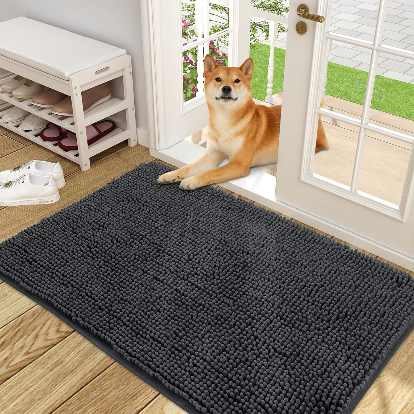 OLANLY Dog Door Mat for Muddy Paws 48x30, Absorbs Moisture and Dirt, Absorbent Non-Slip Washable Doormat, Quick Dry Chenille Mud Mat for Dogs, Entry Indoor Entryway Carpet for Inside Floor, Dark Grey