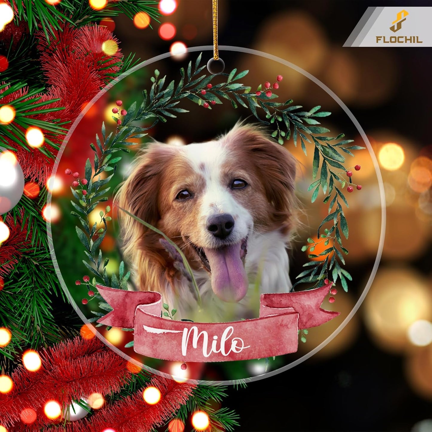 FLOCHIL Personalized Dog Christmas Ornaments, Custom Photo Name for Christmas Trees, Dog First Christmas Ornaments, Best Gifts for Pet Lovers Acrylic Ornament