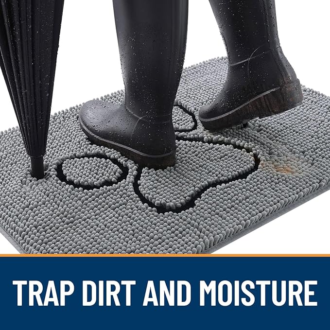 OLANLY Door Mat for Muddy Dog Paws 44x24, Ultra Absorbent Chenille Mud Doormat with Paw Print Design, Non-Slip Washable Doormat for Indoor Entryway, Quick-Dry Pet Bed Mats for Dirty Dogs, Grey