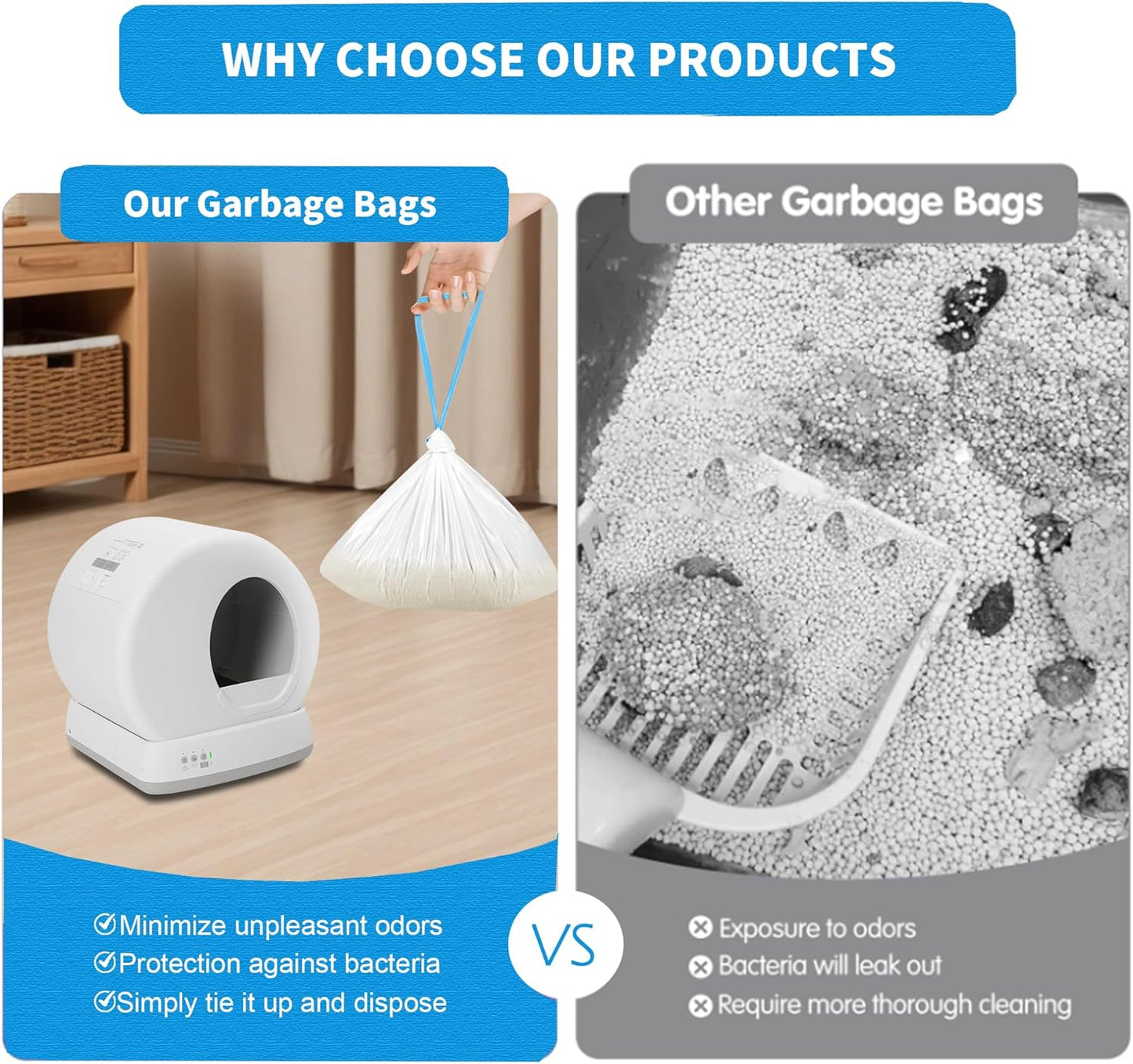 60 Count Self-Cleaning Cat Litter Box Liners Bag Compatible with MW-SC01/MW-SC02/MW-LR01, Drawstring Heavy Duty Cat Litter Receptacles Bags Fit For Automatic Pet Litter Box-17.7"* 19.7"