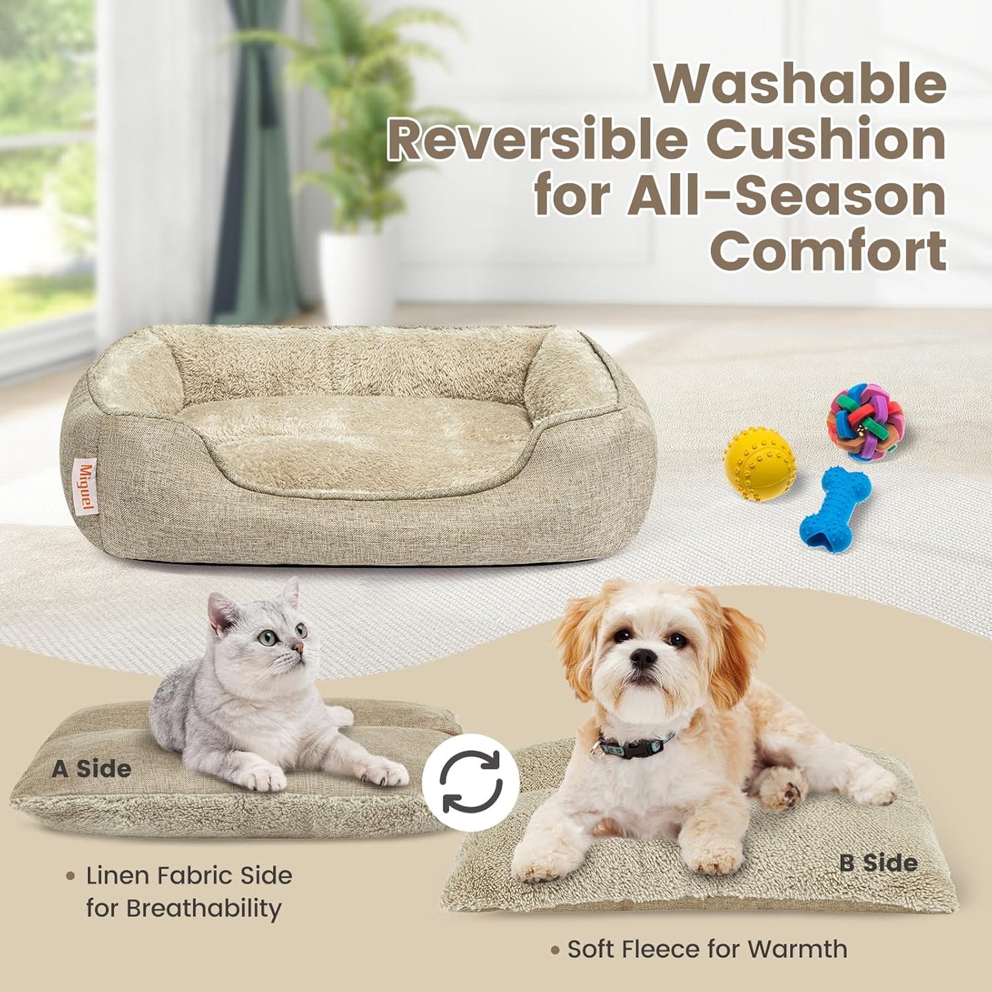 Miguel Faux Linen Dog Bed with Removable Cushion Pillow for Medium Small Dogs, Washable Pet Bed with Side Easy to Wash Puppy Bed, Rectangle Cat Bed for Indoor Cat with Anti-Slip Bottom, Beige 35 Inch