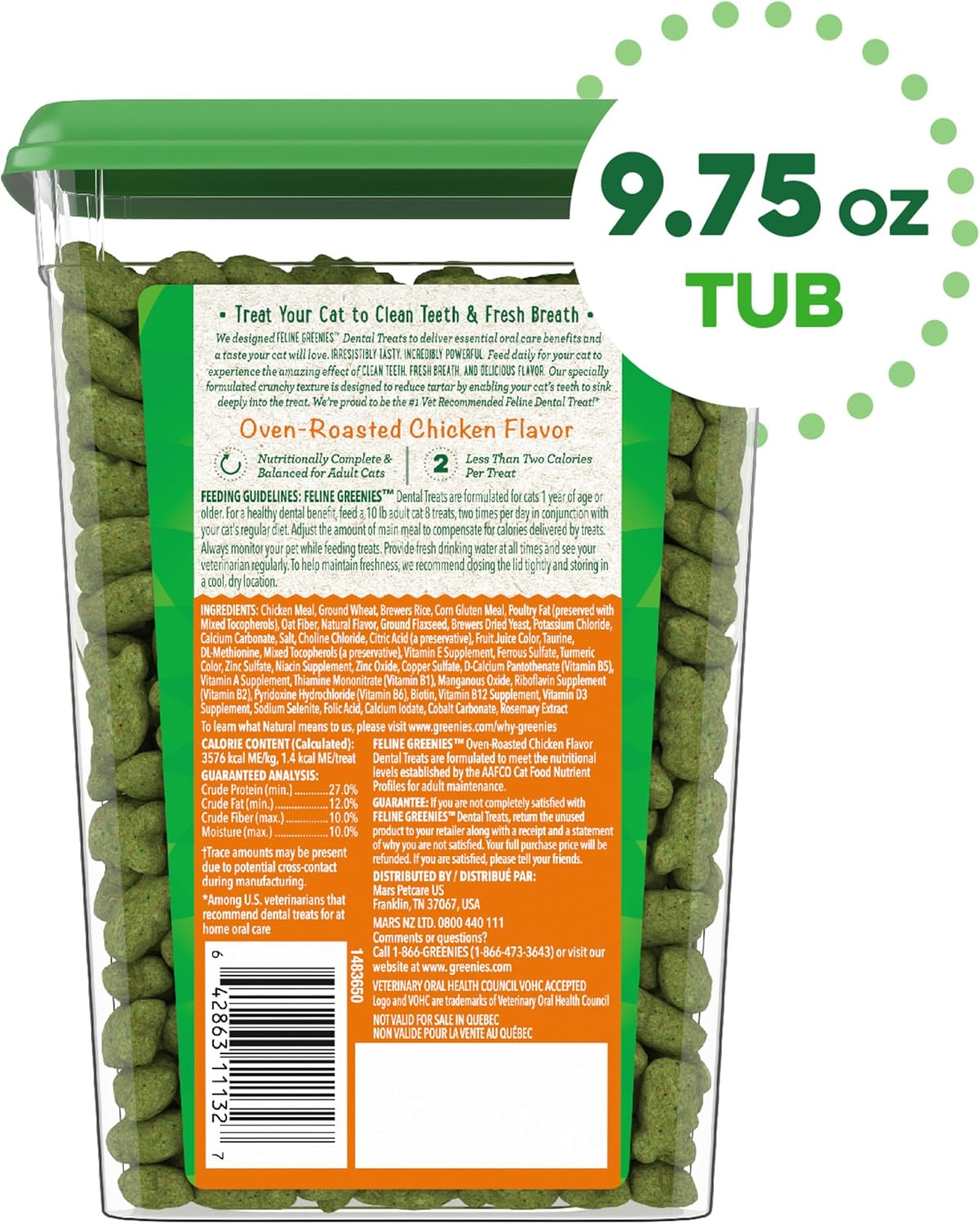 Greenies Feline Adult Dental Cat Treats, Oven Roasted Chicken Flavor, 9.75 oz. Tub