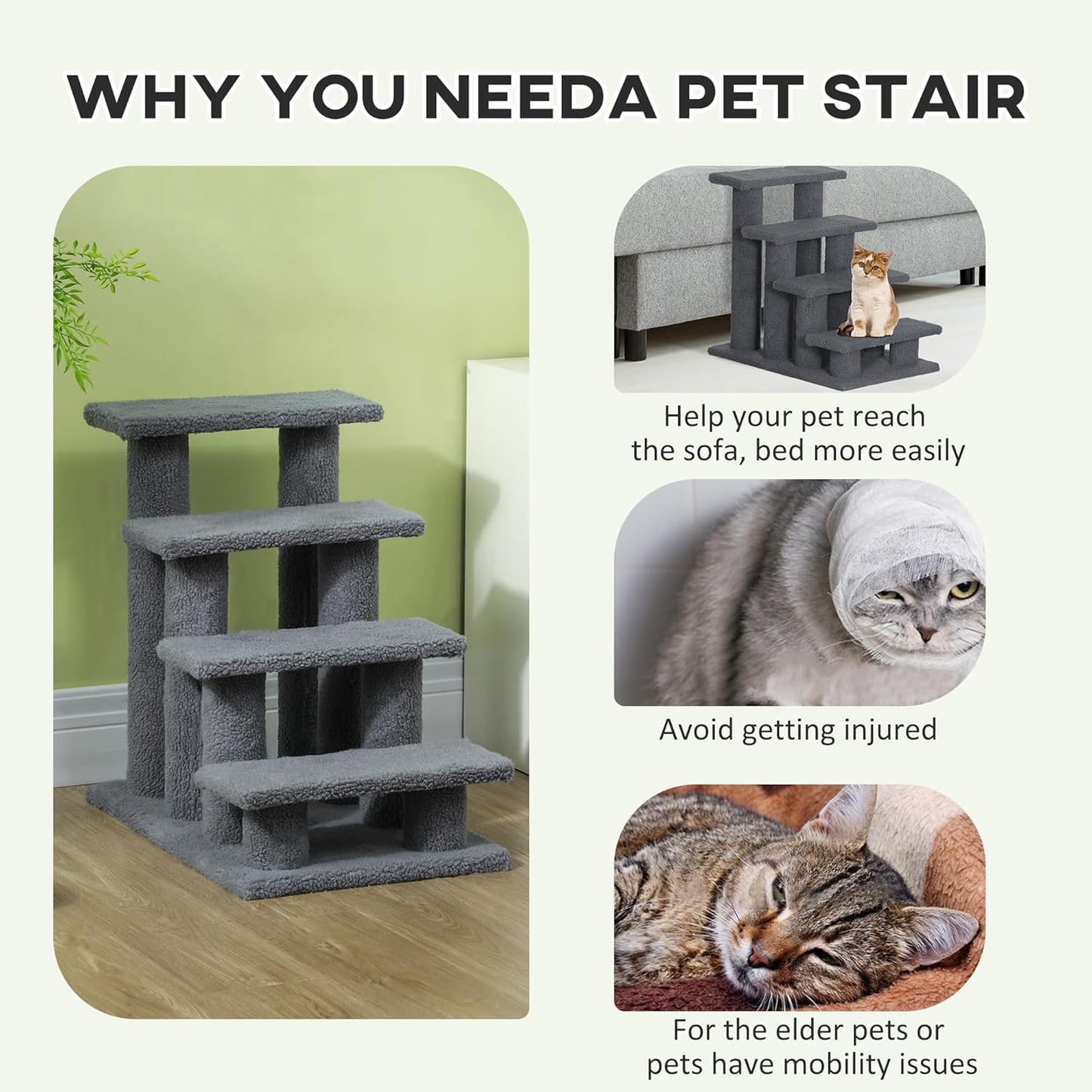 PawHut 25" 4-Step Multi-Level Carpeted Cat Scratching Post Pet Stairs - Gray
