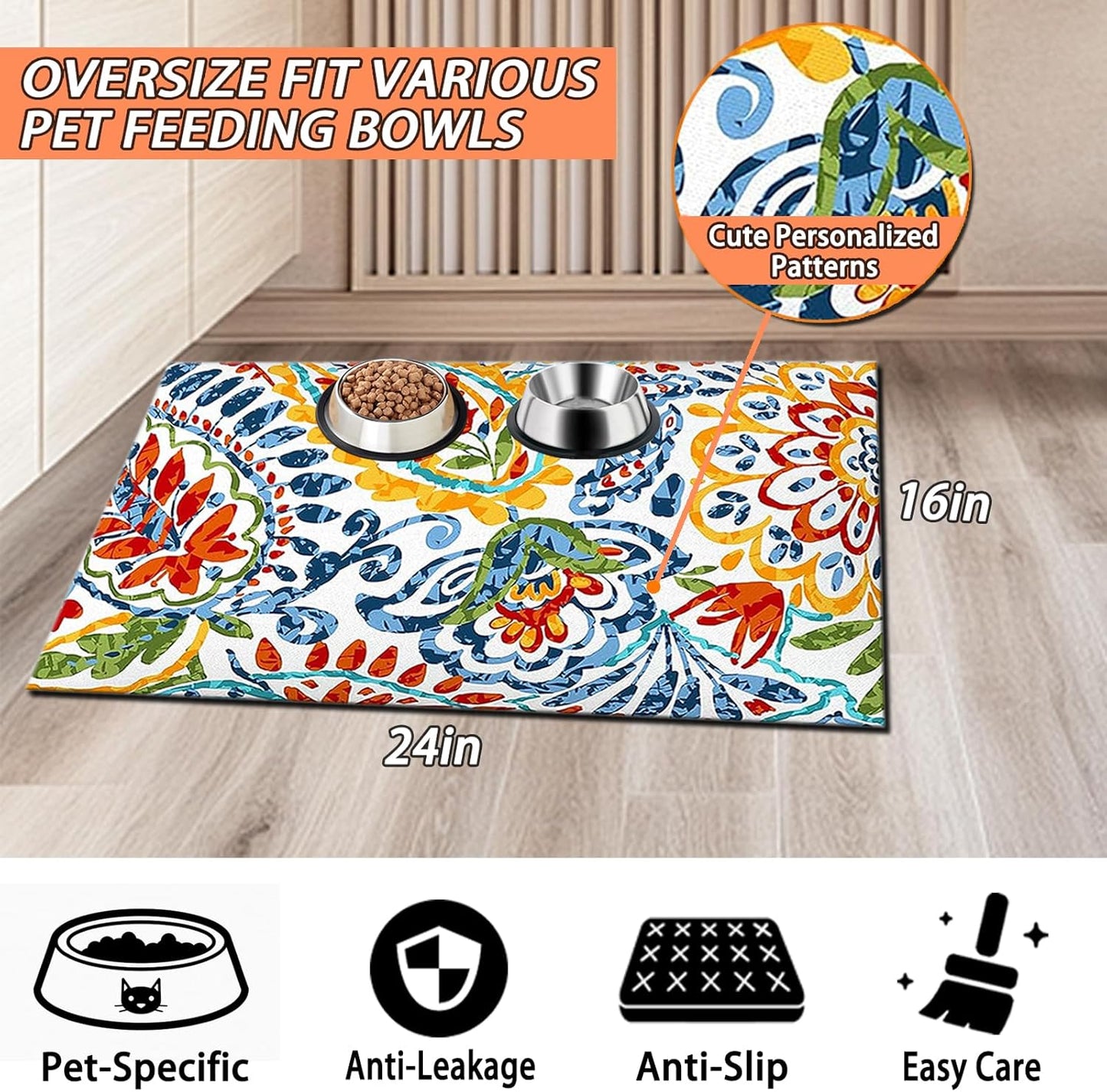 Pet Feeding Mat for Dogs and Cats - Super Absorbent Anti-Slip Bowl Pad, Eco-Friendly Washable Mat to Prevent Spills and Mess Colorful Mat 12"x20"