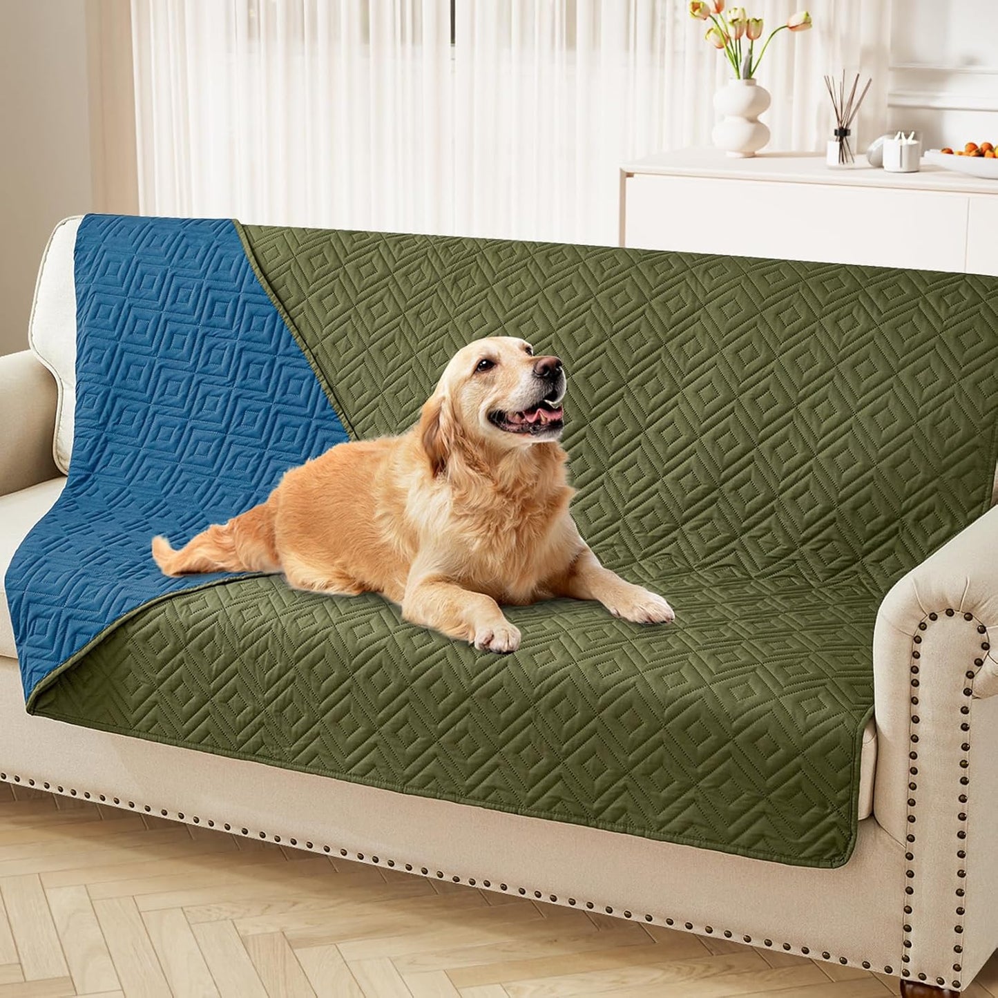 hyha Waterproof Dog Blanket, Soft Pet Bed Blankets, Waterproof Sofa Couch Cover for Dogs Washable, Reversible Pet Couch Covers for Sofa Furniture (68x82 Inch, Green/Navy Blue)
