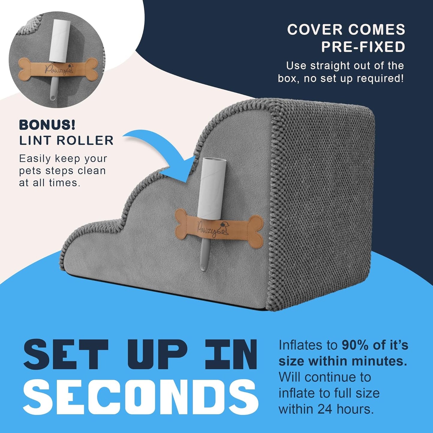 PAWZY Foam Pet Stairs for Small Dogs & Cats – 3-Step Dog Ramp 15.5” High, Wide Non-Slip Steps for Bed & Couch – Washable Pre-Fitted Cover (no Assembly Required), Waterproof Base – Grey