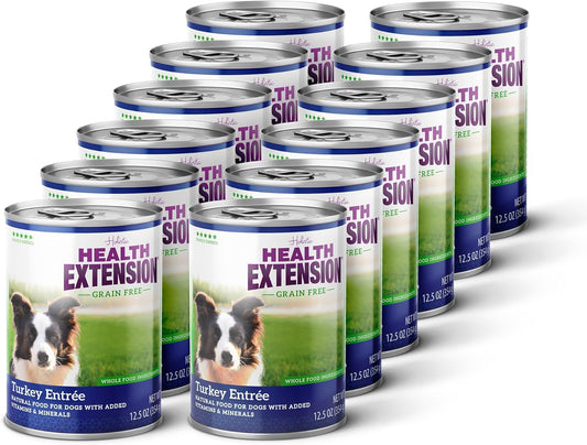 Health Extension Turkey Entrée Wet Dog Food Grain-Free, 12.5 oz – Protein-Rich Recipe, Hydration Support, Ideal for Sensitive Stomachs (Case of 12 Cans)
