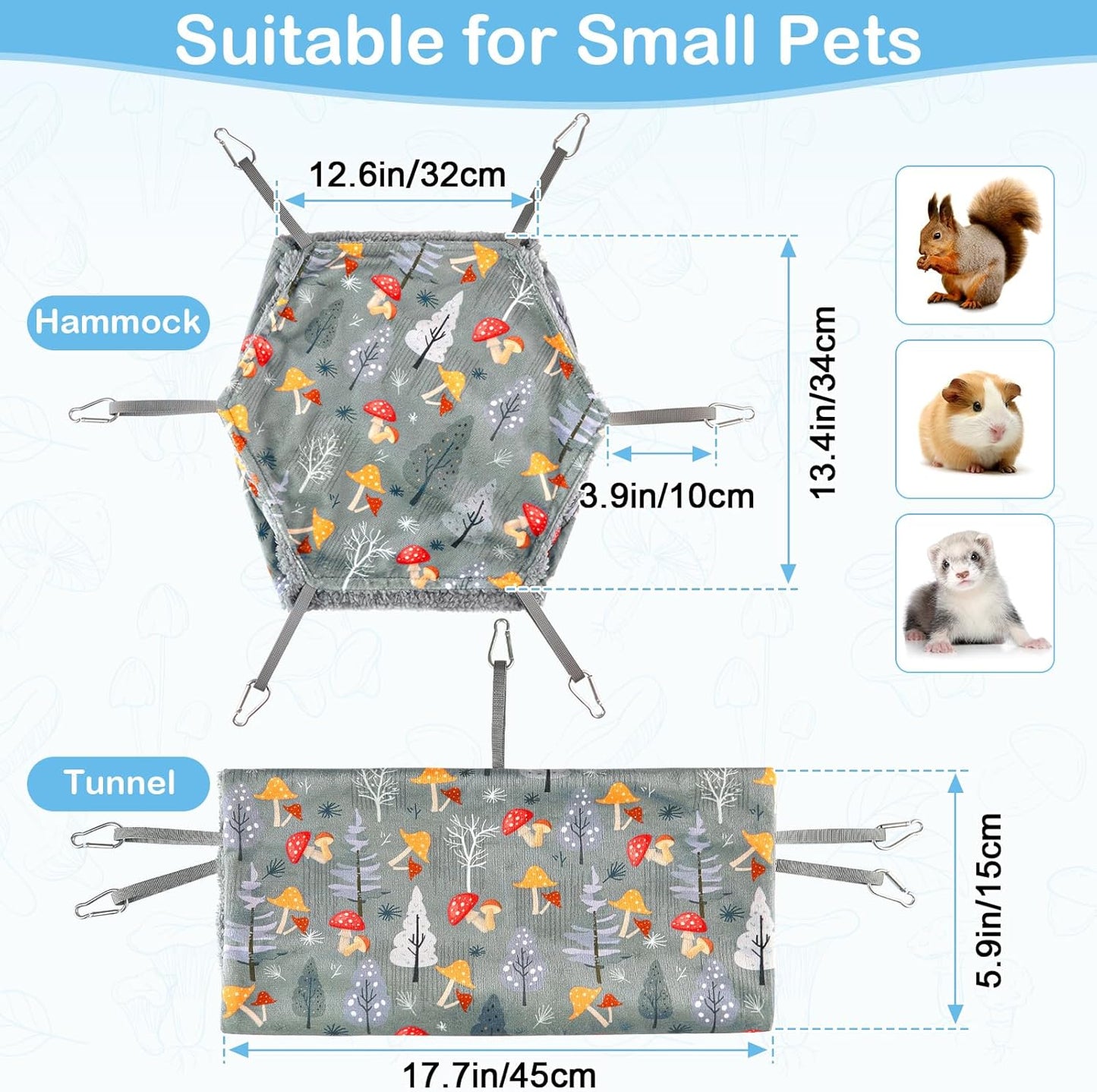 Bienbee 2 Pcs Ferret Rat Hammock Set for Cage Washable Guinea Pig Hideout Bed Soft Small Animal Hammock Tunnel Toys Ferret Cage Accessories for Hedgehog Sugar Glider Squirrel Hamster, Grey Mushroom