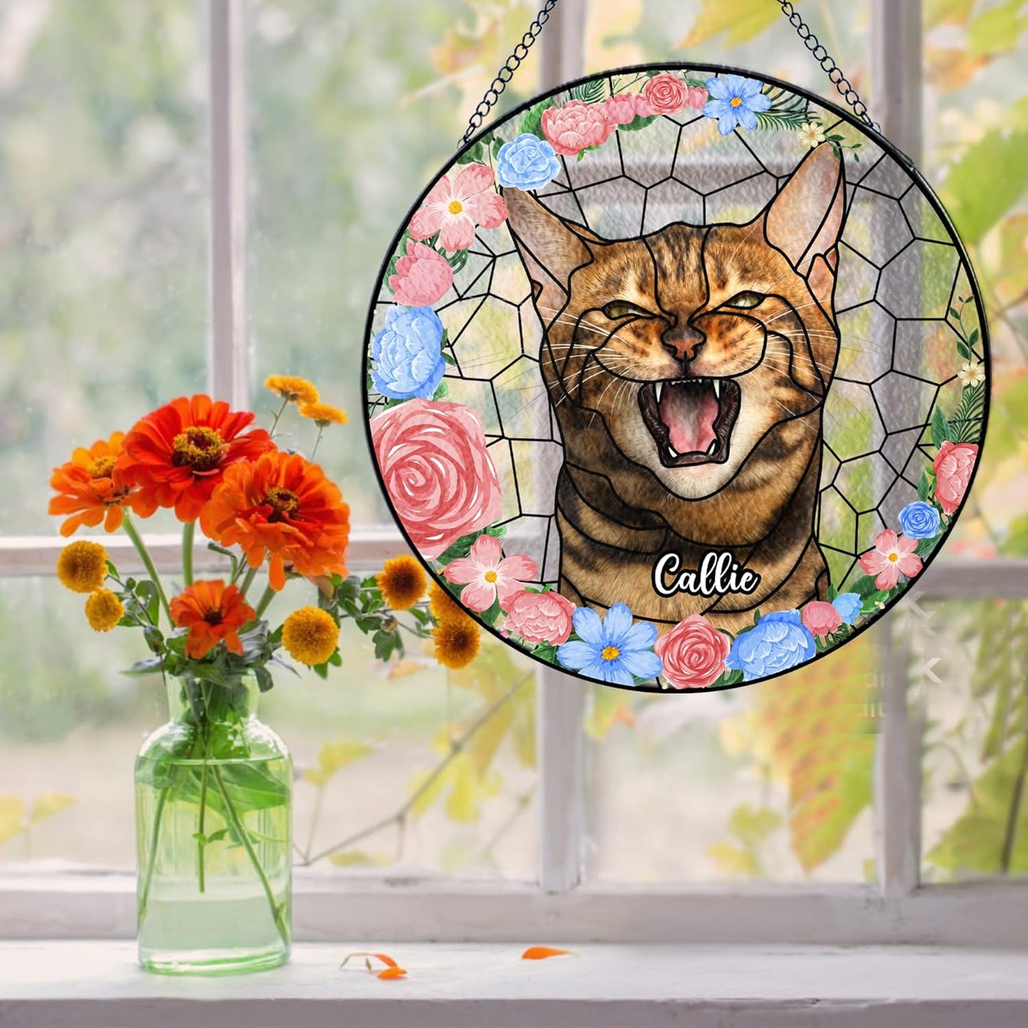 Lovely POD Suncatcher Stained Glass Windows for Cat, Memorial Keepsake Remembrance Gift for Fur Lovers, Sympathy Ornament Window Hanging Gift for Loss of Cat, Home Decor Gifts for Pet Day, Christmas