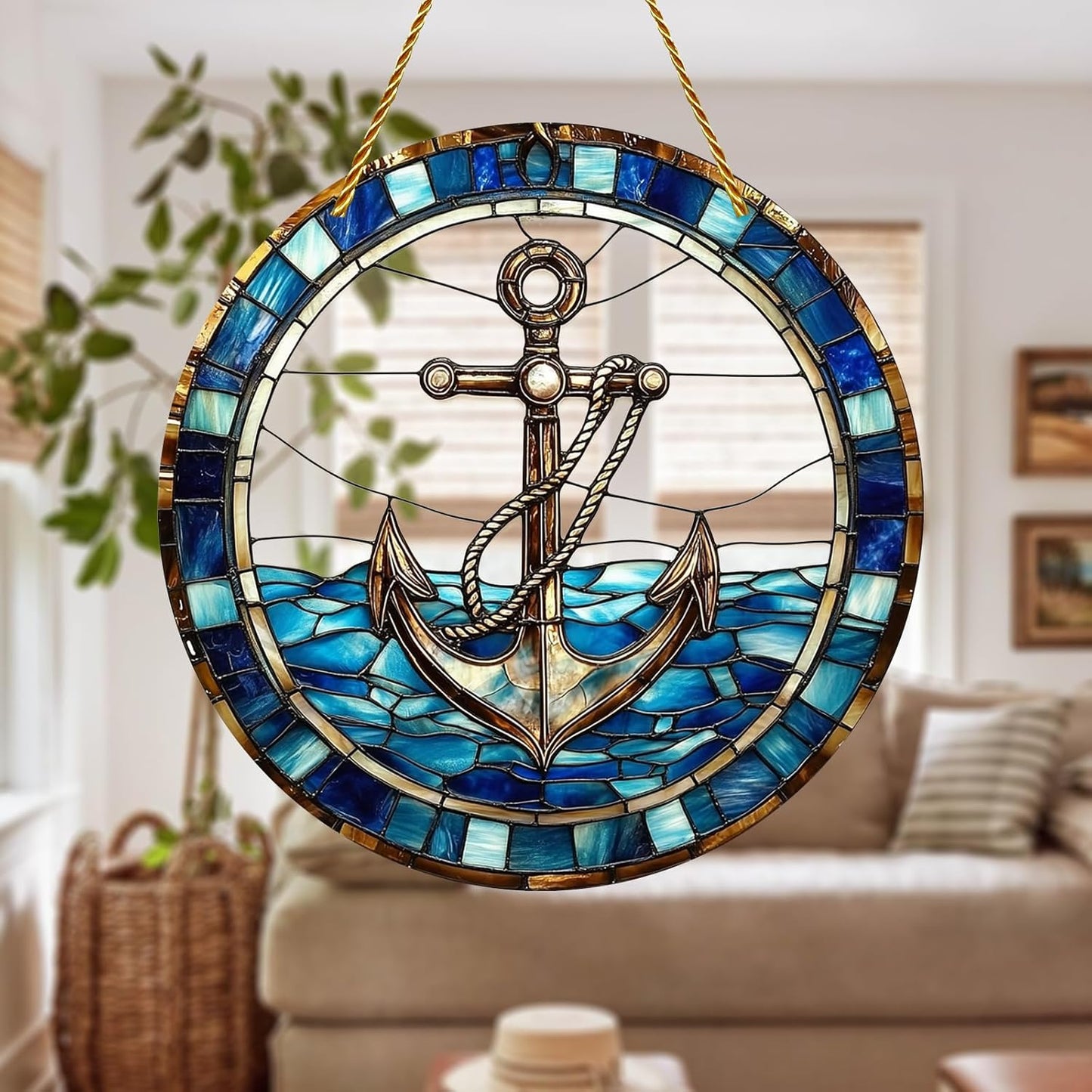 8x8 inch Charming Nautical Anchor Acrylic Stained Glass Window Hanging Sun Catcher Decor Stained Panel Hangings Wall Art Decor, for Friends and Family (Nautical)