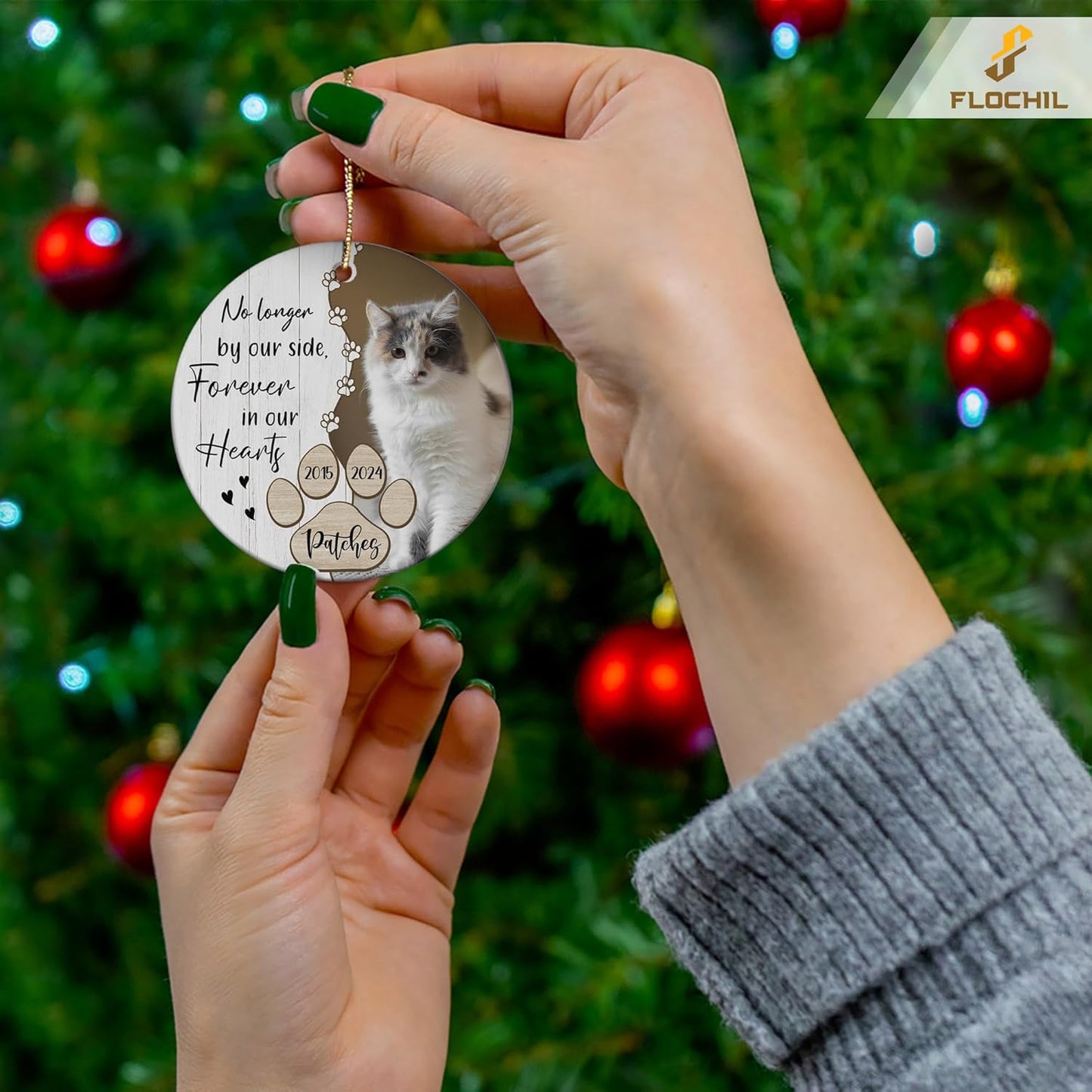 FLOCHIL Personalized Memorial Cat Christmas Ornament, Custom Cat Memorial Ornament with Name Photo, Pet Memorial Ornament, Gift for Pet Lovers