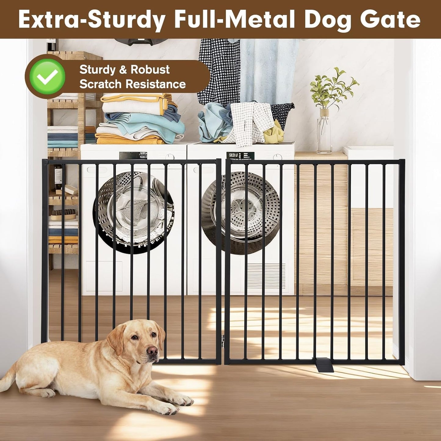 52" Dog Gate Extra Wide, Heavy Duty Metal Freestanding Dog Gate with Door for Indoor & Outdoor, Foldable Pet Fence for Stairs, Doorways,House,Porch,Deck,Yard, Auto Close(2 Panels,Black)