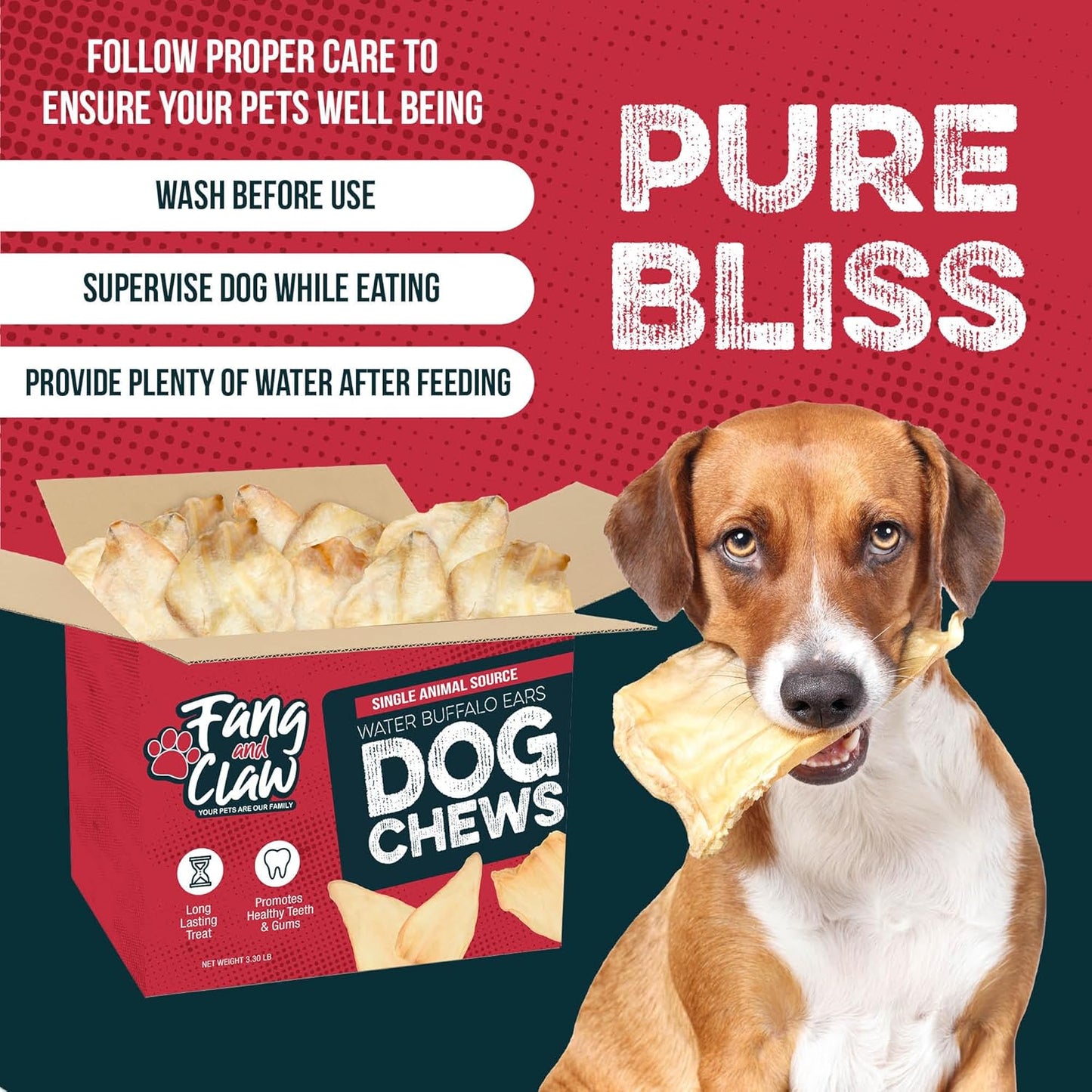 Fang & Claw 100 Count Water Buffalo Ears for Dogs – 100% Natural, Single-Ingredient, Long-Lasting Rawhide Alternative, Grain-Free