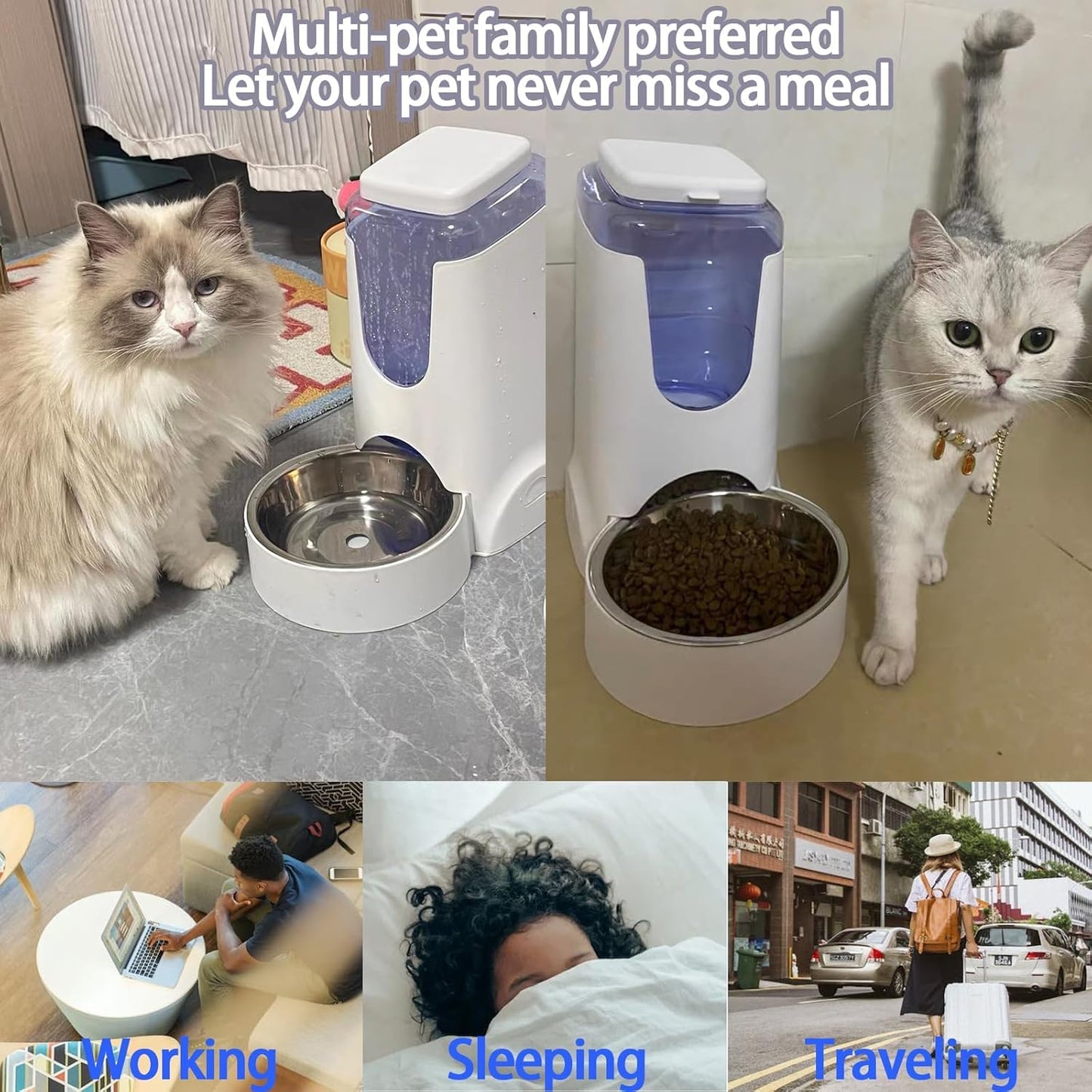 Hamiledyi Pets Automatic Gravity Feeder Dogs 2.8L Food & 4L Water Dispenser Set with Stainless Steel Bowl for Medium Big Dog Cat (White)