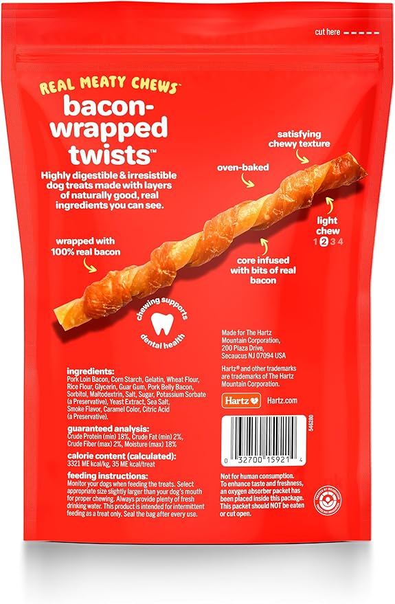 Hartz New Oinkies Bacon Wrapped Twists, Real Meaty Chews with 100% Real Bacon and No Beefhide, 14 Count