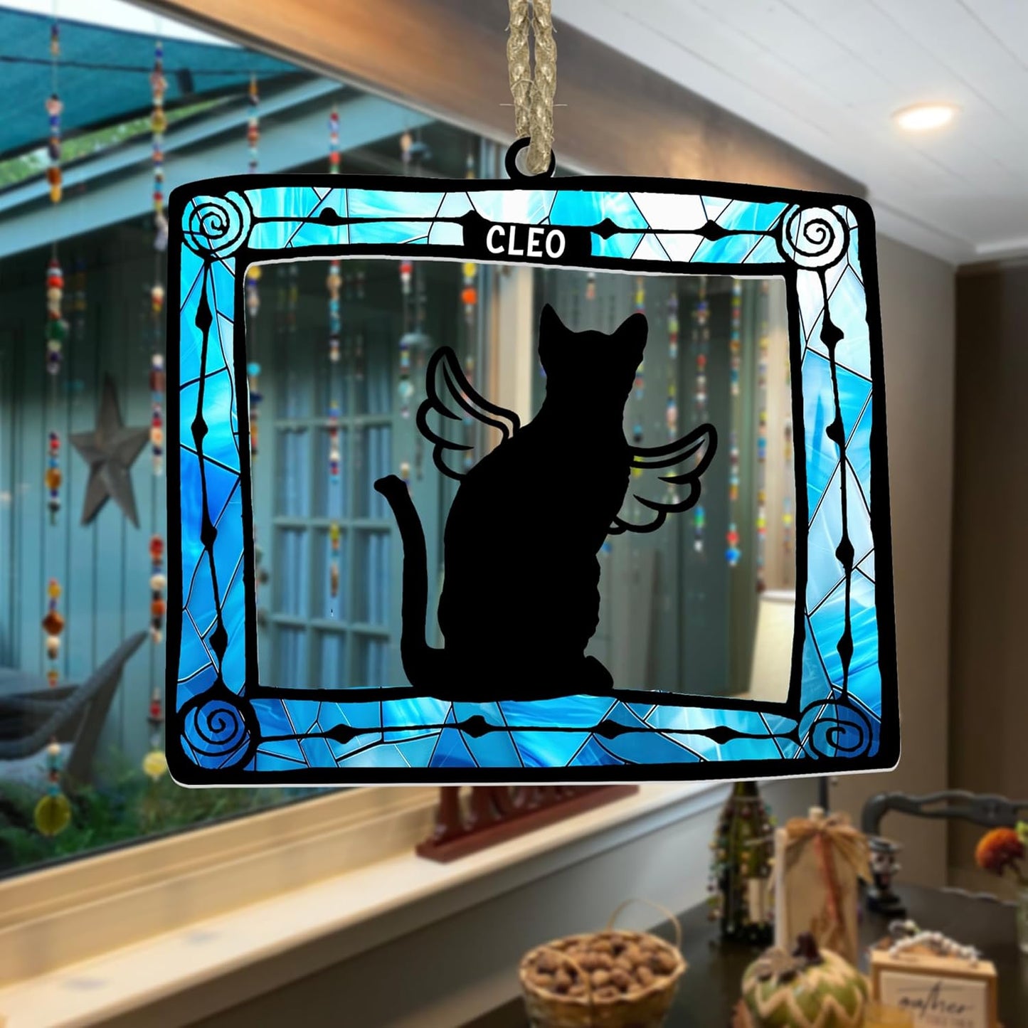 Personalized Cat Memorial Suncatcher – Custom Pet Loss Ornament with Rainbow Stained Glass Frame and Angel Wings Silhouette – Cat Bereavement Gift for Window, Car Mirror, or Sympathy Display