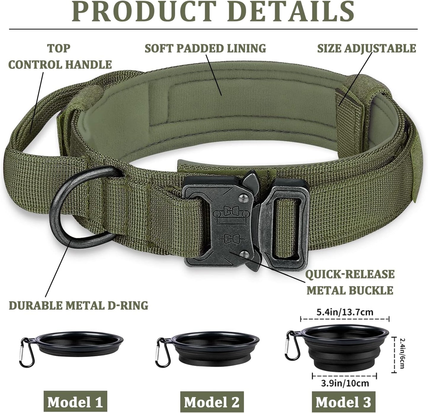 COOYOO Dog Collar,3 Piece Set Tactical Dog Collars, Adjustable Military Training Nylon Dog Collar with Control Handle and Heavy Metal Buckle for Medium and Large Dogs