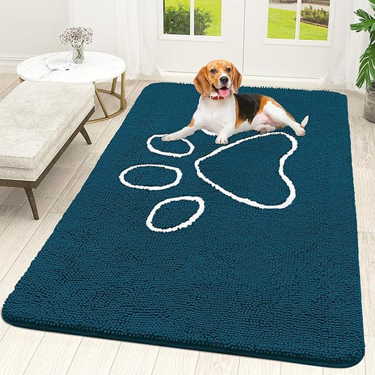 OLANLY Door Mat for Muddy Dog Paws 70x46, Absorbent Chenille Mud Doormat with Paw Print Design, Non-Slip Washable Doormat for Indoor Entryway, Quick-Dry Pet Bed Mats for Dirty Dogs, Atlantic Blue
