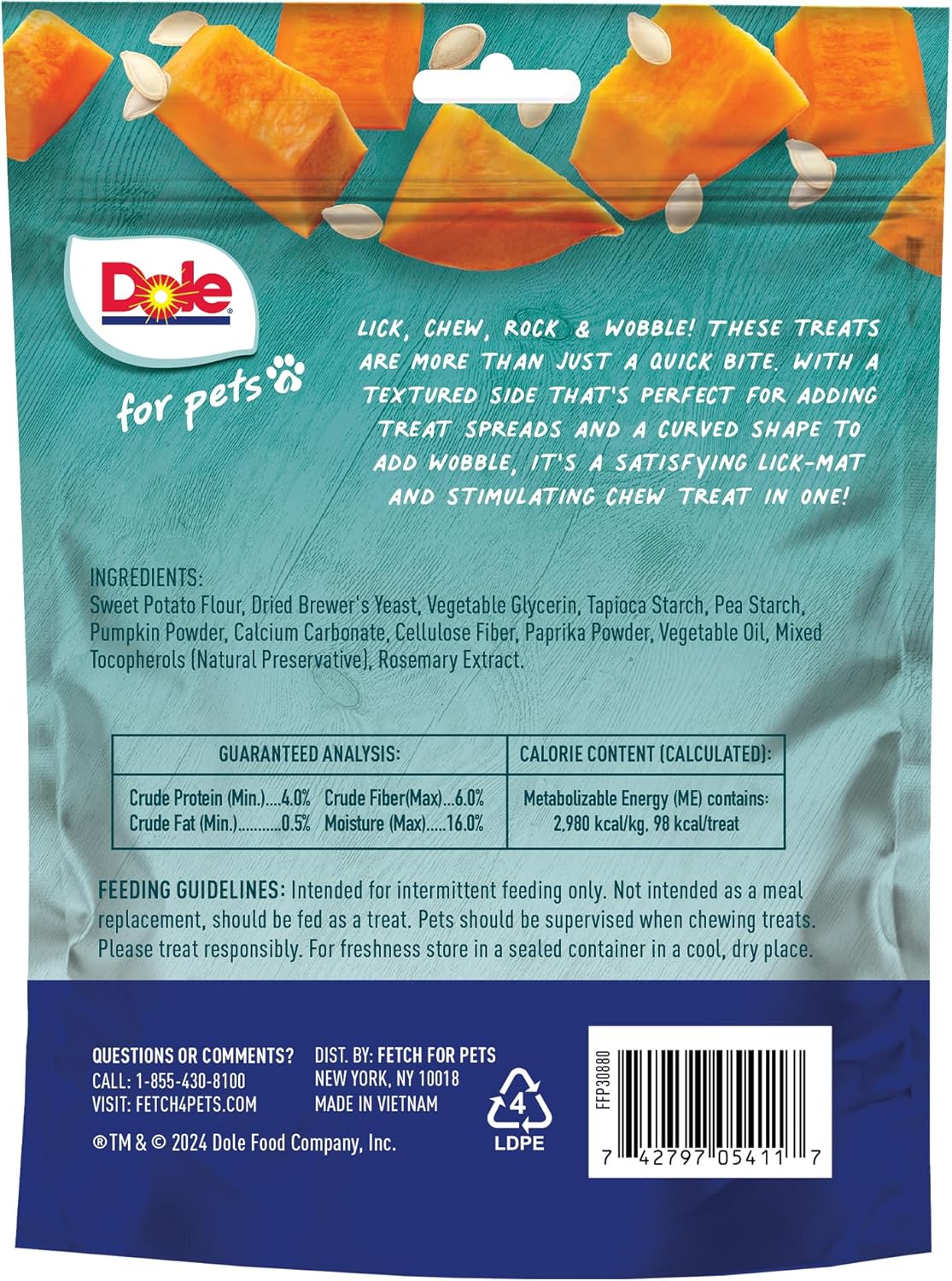 Dole for Pets Freshly Fetched Lasting Chew, Pumpkin Flavor Dog Treats, 8oz, 5ct | Flavored with Real Veggies, No Wheat, Corn, Soy, Artificial Flavors, Colors, Preservatives, or Animal Products