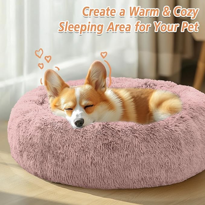 JOLLYVOGUE Calming Dog & Cat Bed for Small Dogs, Anti-Anxiety Donut Cuddler Cozy Soft Round Bed with Anti-Slip Bottom, Fluffy Faux Fur Plush Cushion Beds for Small Medium Pets (20")
