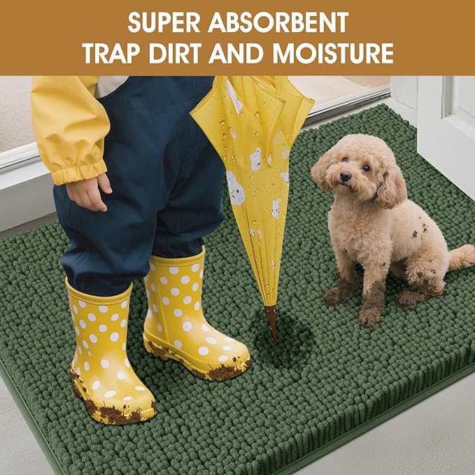 Extra Large Dog Door Mats for Muddy Paws, Chenille Absorbent Dog Mats, Non Slip Heavy Mud Mat for Dogs, Soft Pet Mat for Entryway, Mud Paws, Inside Floor,71" x 25", Olive