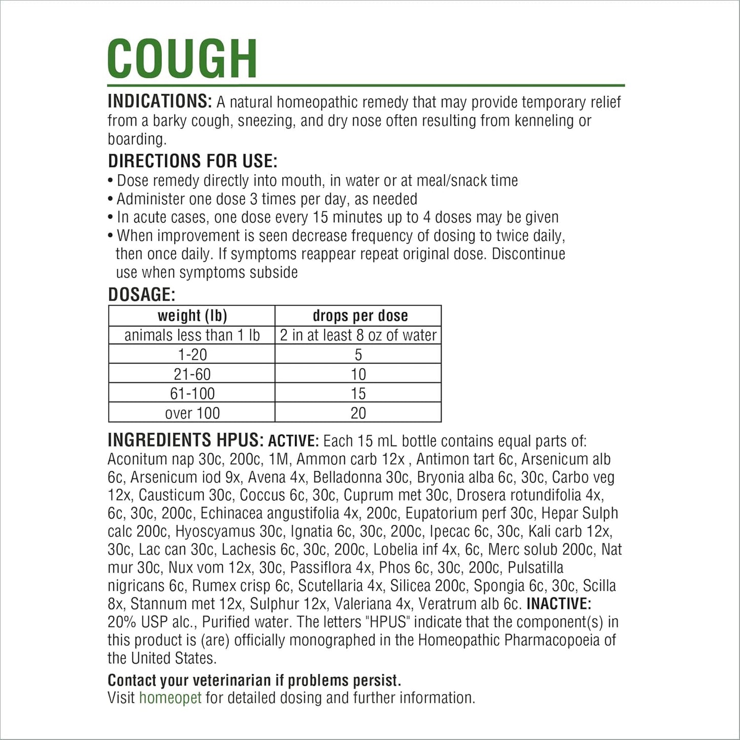 HomeoPet Cough, Safe and Natural Cough Supplement for Dogs, Cats, and Small Pets, 15 Milliliters