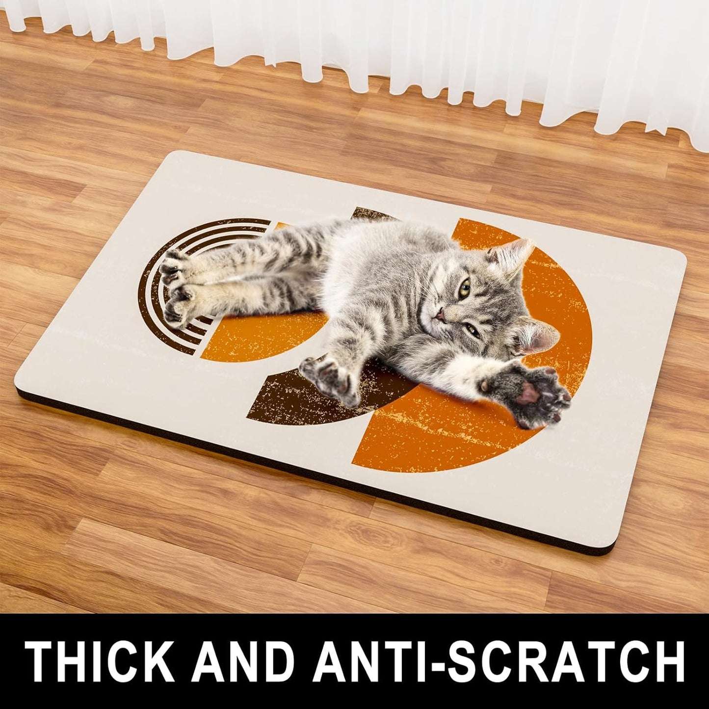 Dog Food Mat, 12" x 19" Absorbent Dog Cat Bowl Mat for Food and Water, Cute Anti-Slip Rubber Pet Feeding Rug Protect Floors Washable Placemat for Feeding & Watering Supplies, Modern Circle Art