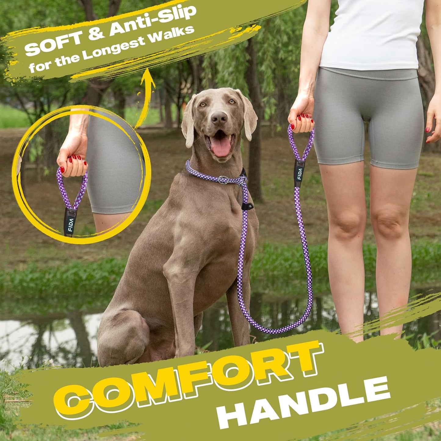 Fida Durable Slip Lead, 6 FT x 1/2" Heavy Duty Rope Leash for Large, Medium Dogs, No Pull Pet Training Leash with Highly Reflective, Purple