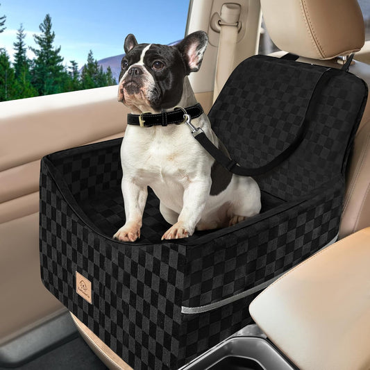 Dog Car Seat for Small and Medium Dogs Up to 35 lbs –Memory Foam Dog Booster Seat with Safety Leash & Storage Pockets, Fits Front & Back Car Seats, Removable Washable Cover – Black