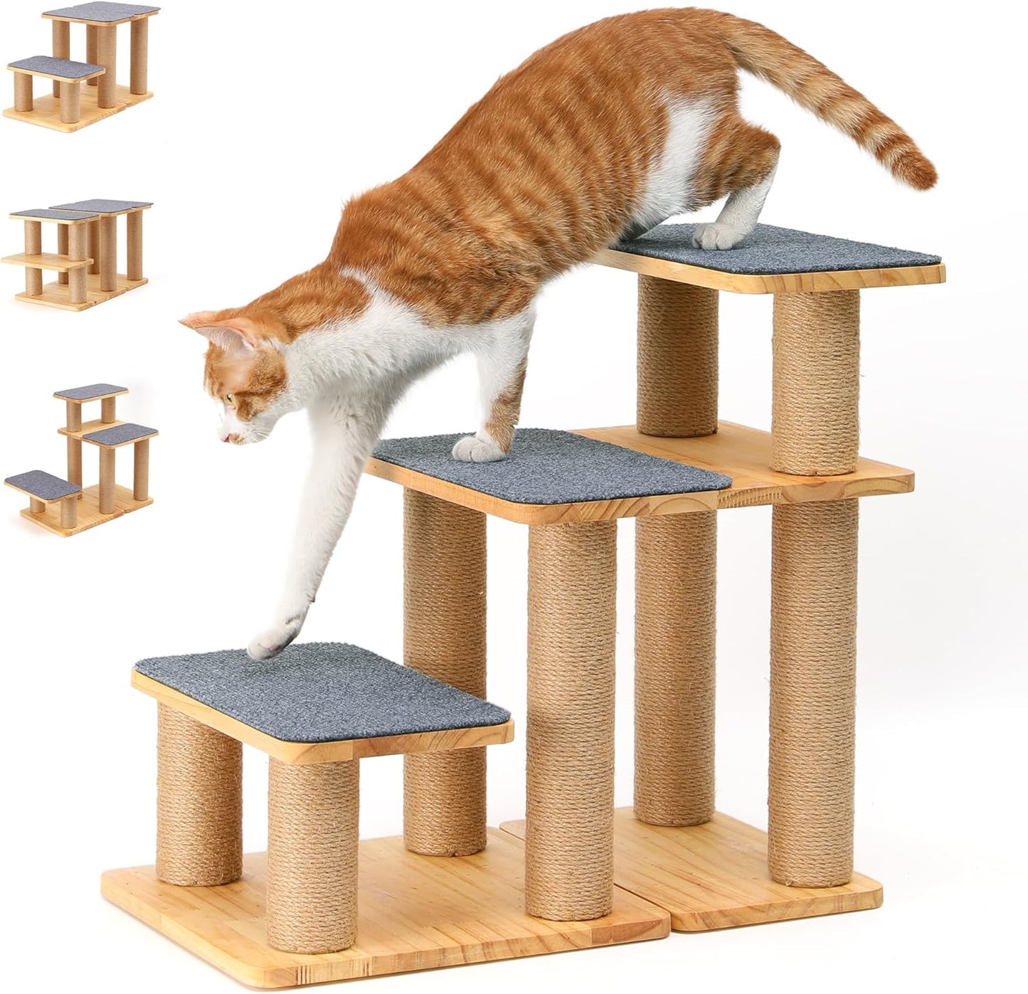 FUKUMARU Dog Stairs, Solid Wood Pet Stairs with Cat Scratching Post, Transformable Cat Ramp Can Hold Up to 200 lbs, 20 Inch Pet Steps for Dogs and Cats to Climb High Bed and Couch, Over 6 Combinations