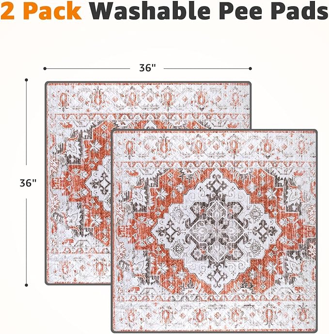 LOOBANI Washable Pee Pads for Dogs, 2 Pack Super Absorbent Reusable Puppy Pads Leakproof Dog Traning Pads, Waterproof Non-Slip Whelping Pad for Floor, Playpen, Crate, Couch-36 x36 (Red-Orange)