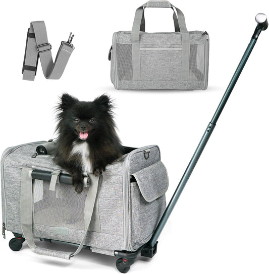 Pet Carrier With Wheels for Dogs Up To 15lbs – Airline Approved Dog Carrier - Rolling Pet Carrier w/ Removable Wheels & Washable Plush Mat – Cat Travel Carrier w/ Telescopic Handle & Shoulder Strap