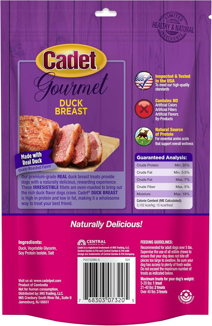 Cadet Gourmet Duck Breast Dog Treats - Healthy & Natural Dog Training Treats for Small & Large Dogs - Inspected & Tested in USA (3 oz.)
