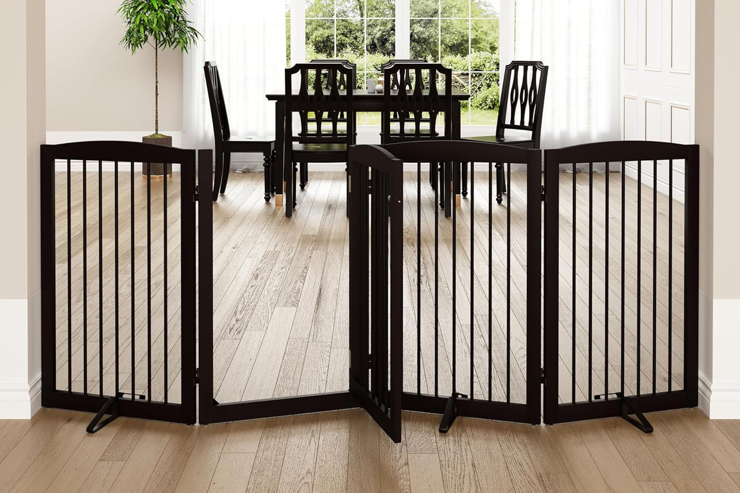 Freestanding Dog Gates with Door Walk Through, 80 inch Wide Gates Indoor, Dog Fences Indoor, Support Feet Included, 4 Panels, 32" Tall, Dark Brown