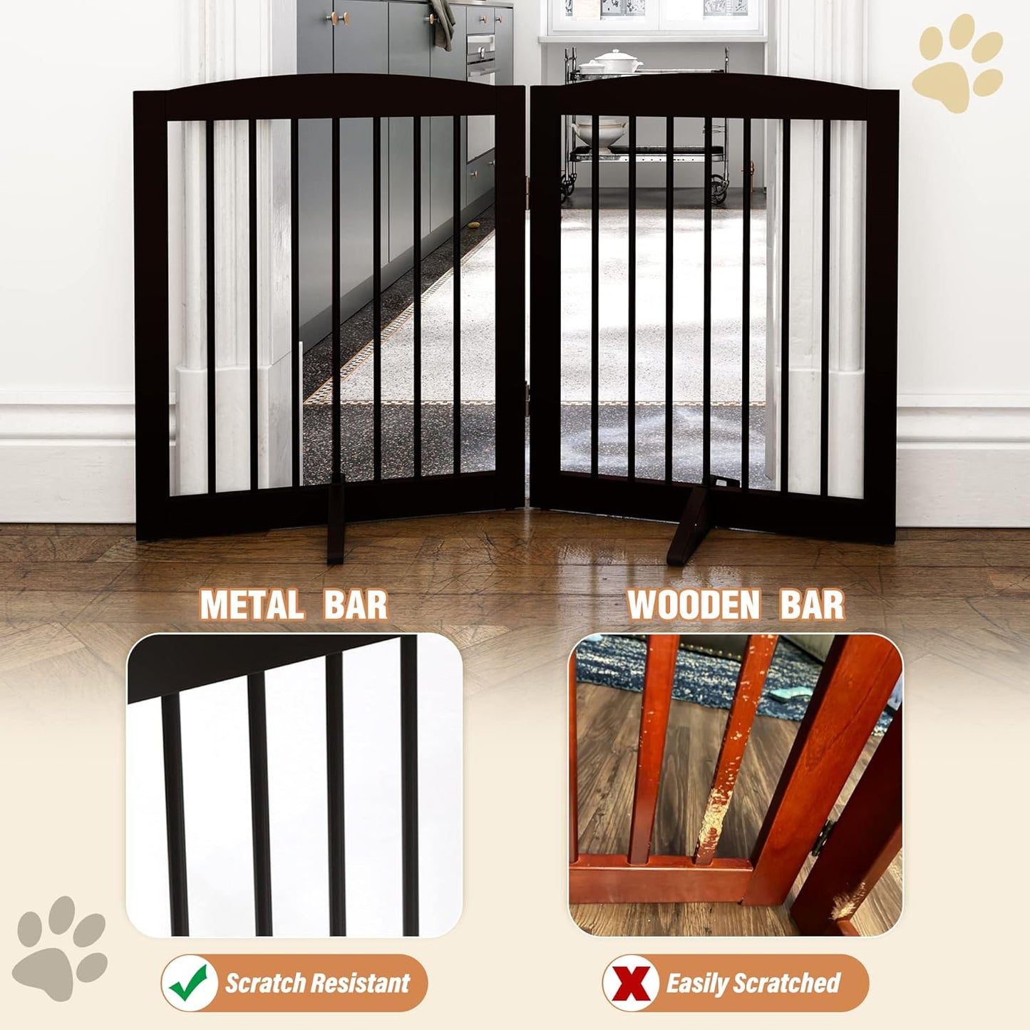 Freestanding Pet Gate for Dogs, Foldable Wooden Dog Gate for House, Indoor Pet Barrier for Stairs, Doorways, Support Feet Included, 24" Height 2 Panels, Brown