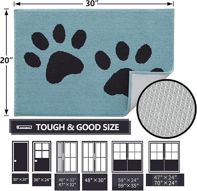 Buganda Dog Door Mat for Muddy Paws, Absorbent Dirt Trapper Washable Indoor Doormats, Non Slip Low-Profile Mud Mat for Dogs, Front Entrance Doormat for Inside Floor (36x24 Inches, Blue)