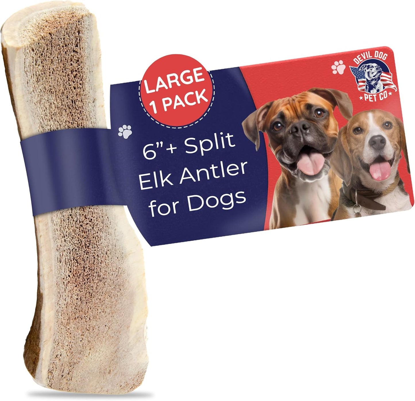 Devil Dog Pet Co. Split Elk Antlers for Dogs, Large 6"+, 1 Pack, Grade A Long Lasting Chew for Aggressive Chewers, Premium USA Naturally Shed Antler – Healthy, No Odor, Durable Dog Chew