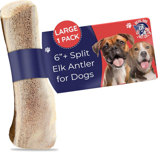 Devil Dog Pet Co. Split Elk Antlers for Dogs, Large 6"+, 1 Pack, Grade A Long Lasting Chew for Aggressive Chewers, Premium USA Naturally Shed Antler – Healthy, No Odor, Durable Dog Chew