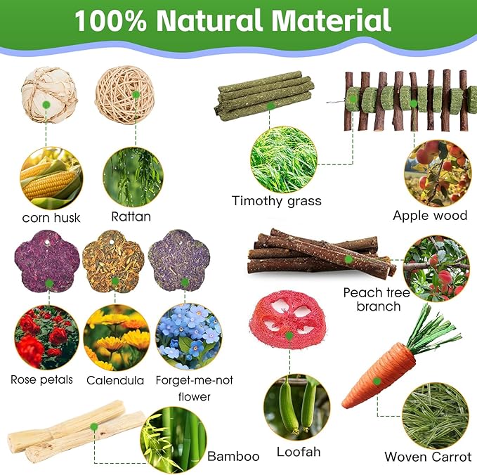 WDEFUN 21-Piece Natural Small Pet Chew Toys Set for Rabbits, Hamsters & Organic Grass Mat, Hay Sticks, Loofah Slices, Wooden Chews & More for Dental Health & Boredom Relief