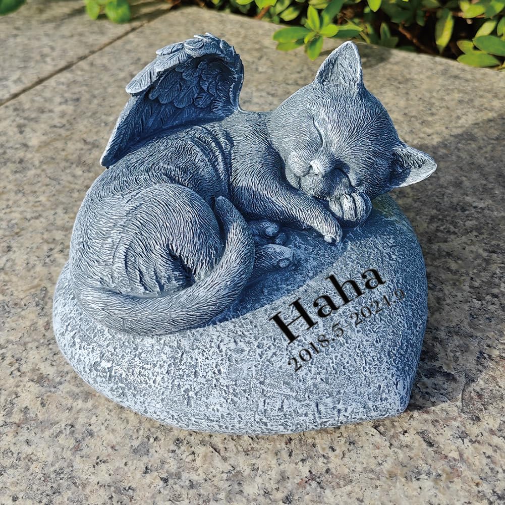 Personalized Cat Memorial Stone Cat Grave Markers Angel Cat Statue Sleeping On Heart Shape Monument Stone, Pet Cat Headstone Garden Tombstone, in Loving Memory of Cat Sympathy Gifts