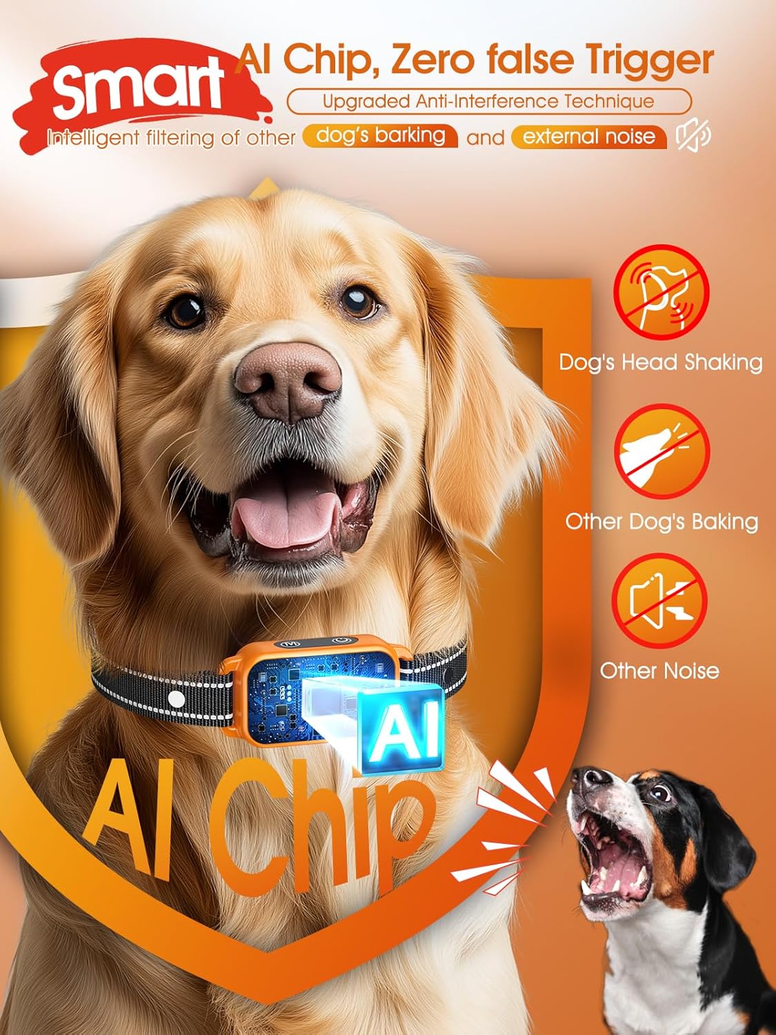 DINJOO Dog Bark Collar for Large/Medium/Small Dogs | Rechargeable Smart AI Anti-Barking Training Collar with 8 Adjustable Sensitivity, Beep & Vibration Modes | Solves Excessive Barking - Coral Orange