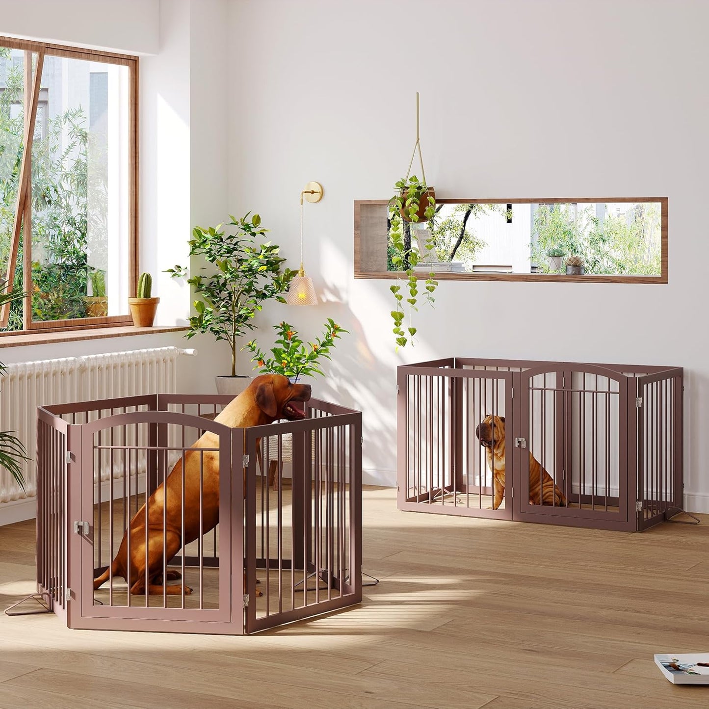 JSB 144-inch Extra Wide 30-inch Tall Dog gate with Door Walk Through, Freestanding Round Tube Pet Gate for Halls Stairs, Puppy Safety Dog Fence with 2PCS Support Feet (Espresso)