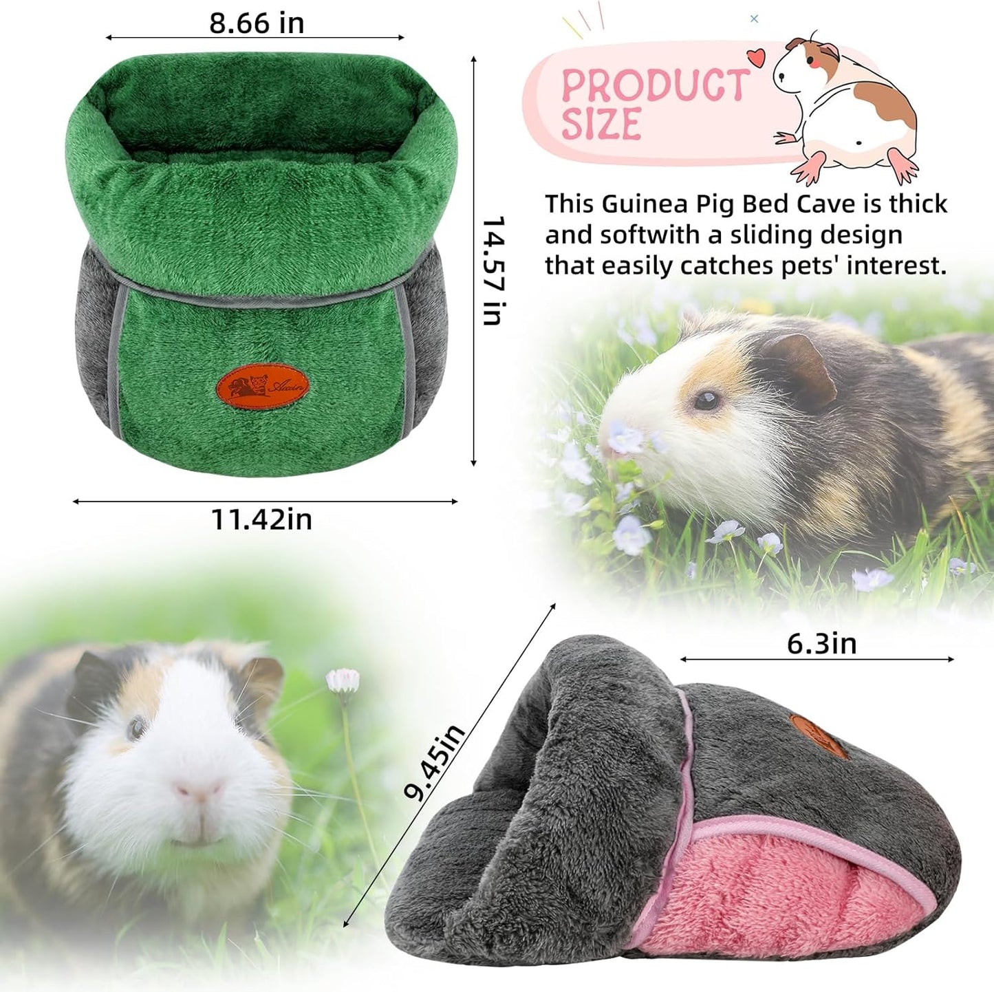 YUEPET 2 Pack Guinea Pig Hideout Portable Guinea Pig Pocket Bedding Cozy Cuddle Sack Snuggle Bag Bunny Bed for Small Animals Hamster Ferret Hedgehog Chinchilla Rabbit Cage Accessories (Grey+Green)